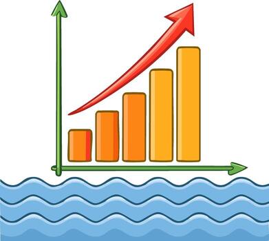 Progress bar chart with red arrow symbolizing growth above blue waves vector