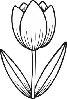 Doodle art of a tulip with stem and leaves in simple black and white drawing style for spring or easter time vector