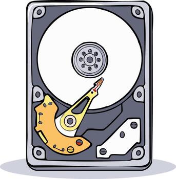 Internal view of a hard disk drive with read write head and spinning platter vector