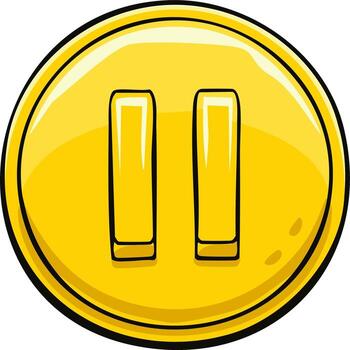Cartoon Style Golden Coin with Pause Symbol Depicting Halting Play or Music Control Functionality vector