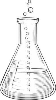 Sketch of Erlenmeyer Flask with Bubbles and Liquid for Chemical Experiments vector