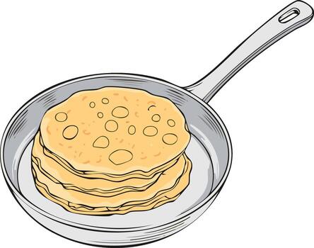 Stack of pancakes in a frying pan for a tasty breakfast prepared with skill and love vector
