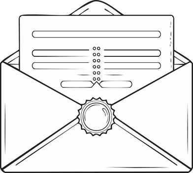 Open Envelope with Document and Stamp Illustrated in Black and White vector