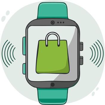 Smartwatch displays a green shopping bag icon with wireless signal waves emanating from the device vector