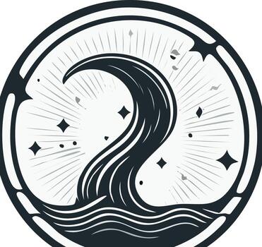 Stylized Wave Icon with Rays and Sparkling Elements in Circle Frame Wave Illustrations vector