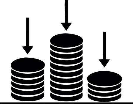 Three stacks of coins with downward pointing arrows illustrating decrease or cost vector