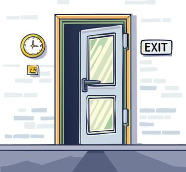 Hand Drawn cartoon of an opened exit door with a wall clock, switch, and exit sign, providing access to safety and hope, conceptual illustration vector