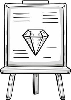 Hand-drawn illustration of a presentation easel with a diamond graphic and text lines vector