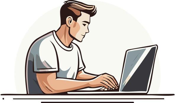Man Working on Laptop at Desk Illustration Remote Work Online Communication vector