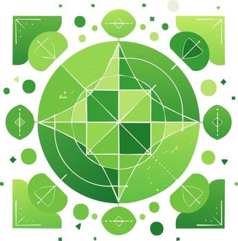 Green geometric illustration with circles, diamonds, and abstract lines in an abstract design vector