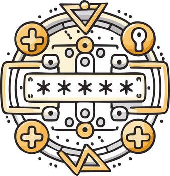 Stylized abstract circular graphic depicting secure password entry with geometric shapes and cyber elements vector
