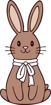 Cartoon illustration of a charming brown rabbit adorned with a pristine white bow, creating a cute Easter or springtime scene vector