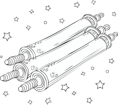 Outline coloring book page of three ancient rolled Torah scrolls with ornate handles floating among the stars vector