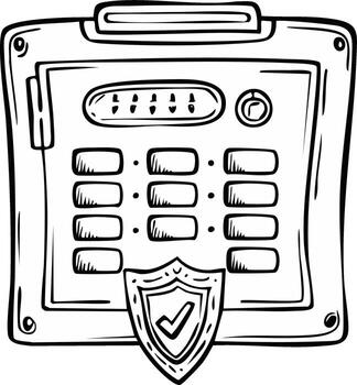 Hand drawn sketch of a security keypad with a shield and checkmark symbol vector