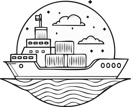 Cargo Ship With Shipping Containers Floating on Water in a Line Art Style vector