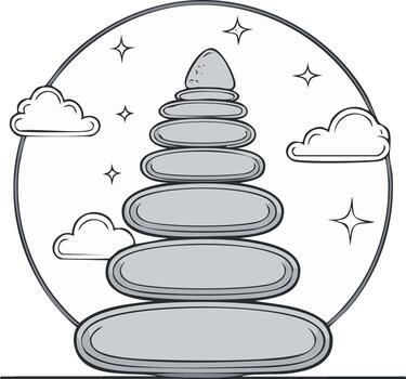 Balanced stack of smooth grey stones in a circle with clouds and stars illustration vector