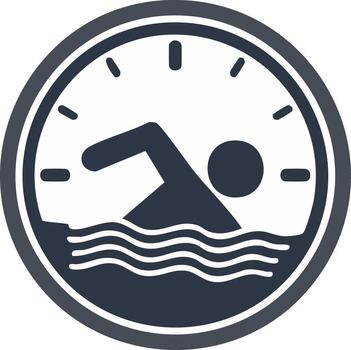 Swimming time clock icon. Swimmer in water with clock face as a symbol vector