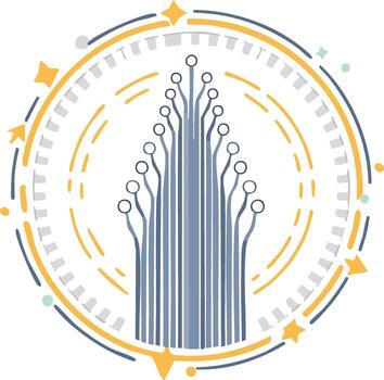 Futuristic technology emblem with a circuit board tower representing a central data network vector