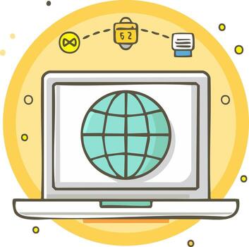 Digital connection concept with laptop showing world globe and network symbols vector