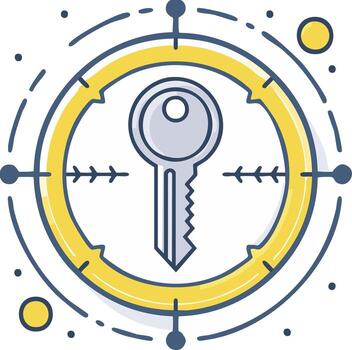 Key icon centered in a target scope symbolizing solution security and strategic access vector
