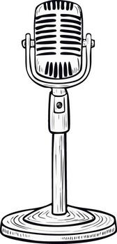 Classic microphone on stand line art sketch illustration for audio recordings and broadcasting content vector