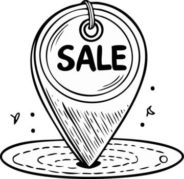Hand drawn location pin marker with a circular price tag displaying SALE text vector