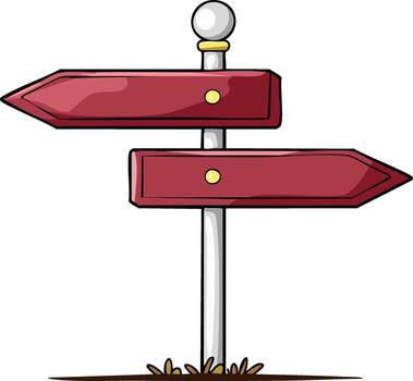 Hand drawn cartoon directional signpost with two red arrow signs pointing left and right vector