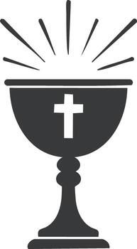 Chalice with cross symbol and light rays representing religious themes in grayscale vector