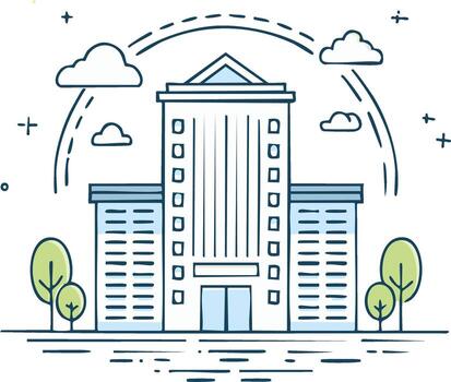 moderno edificio arquitectura ilustración con arboles y cielo en estilo vector