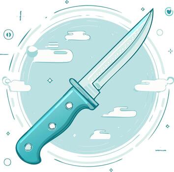 Stylized combat knife illustration with an abstract circular background and clouds vector