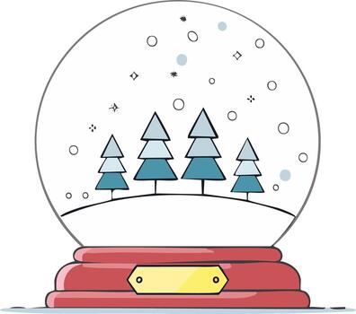 Whimsical snow globe with evergreen trees and falling snow representing a winter scene in simple hand drawn style vector