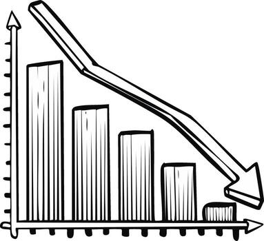 Hand drawn bar graph shows decreasing trend with downward arrow illustration vector