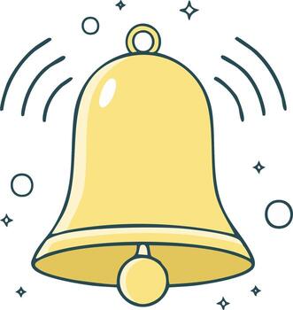 Yellow ringing bell with sound waves and sparkles, notification and alert symbol vector
