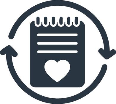 Circular arrows surround a notebook with lines and a heart symbol indicating review or renewal vector