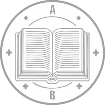 Stylized open book illustration within a circular badge featuring letters A and B and decorative crosses vector