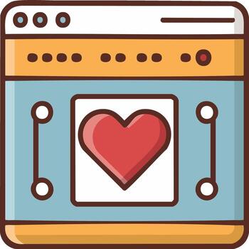 Web browser window with a prominent red heart symbol, representing online favorites, social media likes, and digital love vector