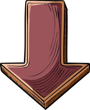 Retro styled maroon arrow pointing downwards with a dimensional effect and hand drawn texture vector