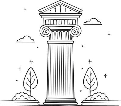 Line art classical architectural column with ionic scrolls and stylized natural elements vector