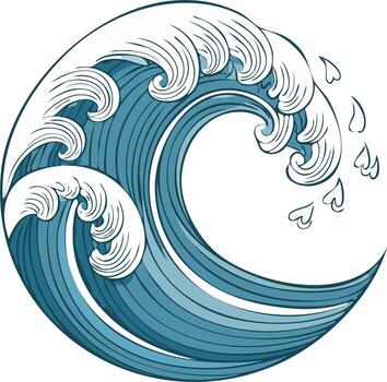 Stylized ocean wave illustration with crashing water and foam in a circular design concept vector