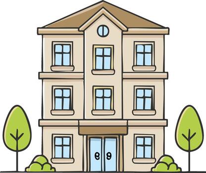 Charming hand drawn multistory building featuring windows front door green trees and bushes vector