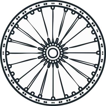 Detailed bicycle wheel drawing with spokes and outer circle dots in black and white, creating geometric pattern vector