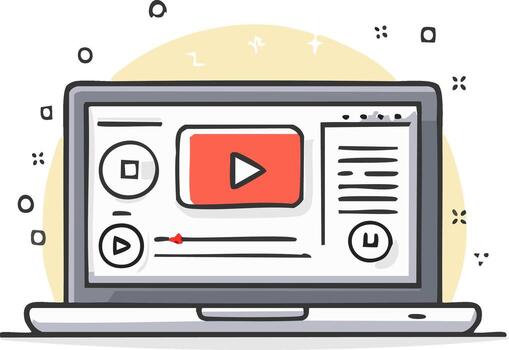 Laptop with red play button, media player interface, and control icons, cartoon style vector