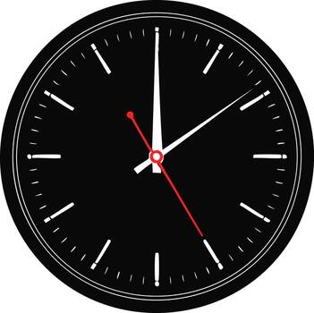 Minimalist black analog clock face with white markers and hands vector