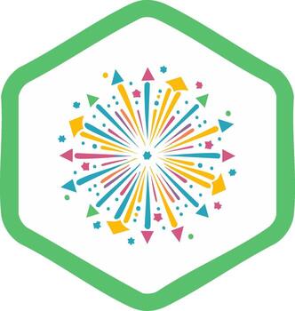 Vibrant Abstract Fireworks Explosion Bursting Inside Green Hexagon Shape Icon vector