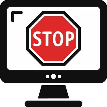 Computer monitor with a vivid red stop sign on screen, signaling cyber security, error, online restriction, or digital halt vector
