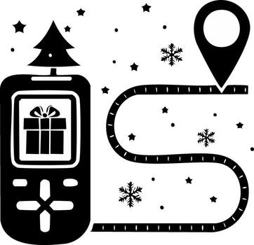 Festive Christmas gift delivery tracking on mobile device with navigation path and snowy winter elements vector