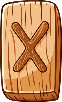 Wooden rune Wunjo, joy and harmony symbol on rectangle plank, divination tool, pagan, runic alphabet, nordic vector