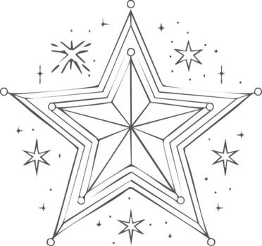 Detailed Stylized Five Pointed Star Line Art with Twinkling Sparkles and Decorative Elements vector