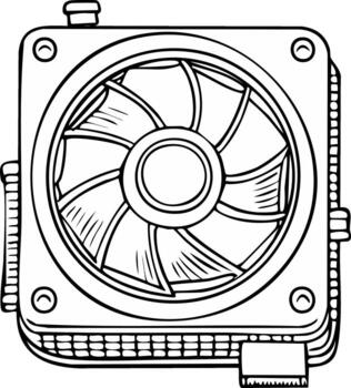 Detailed line art illustration of a computer CPU cooler with fan and heatsink vector