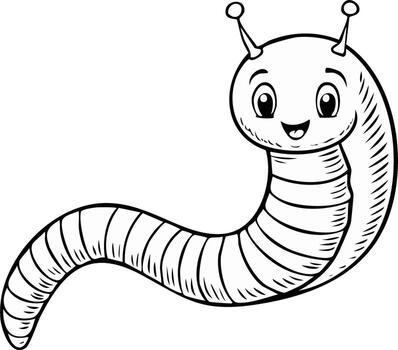 Smiling cartoon worm character illustration, black and white line art vector